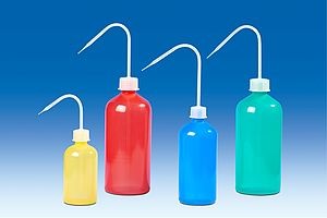 Set of wash bottles, 500 ml, coloured, PE-LD/PP blue, yellow, red, green (1 item each)