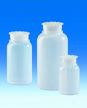 Wide-mouth bottle, PE-LD with leakproof cap and eyes for attaching tags or seals, 100 ml