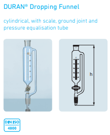 Dropping funnel, with pressure equalisation tube, standard ground cone 14/23, stopcock and key retaining device,  100 ml